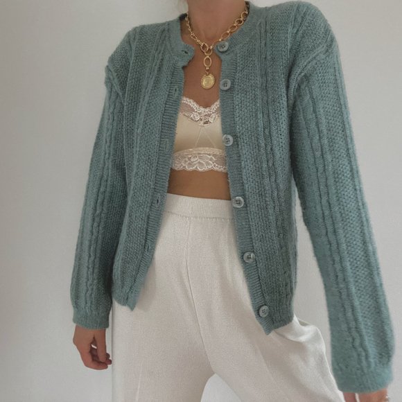 Vintage L.L. Bean Sage Green Mohair Cable Knit Cardigan Sweater - Picture 3 of 13